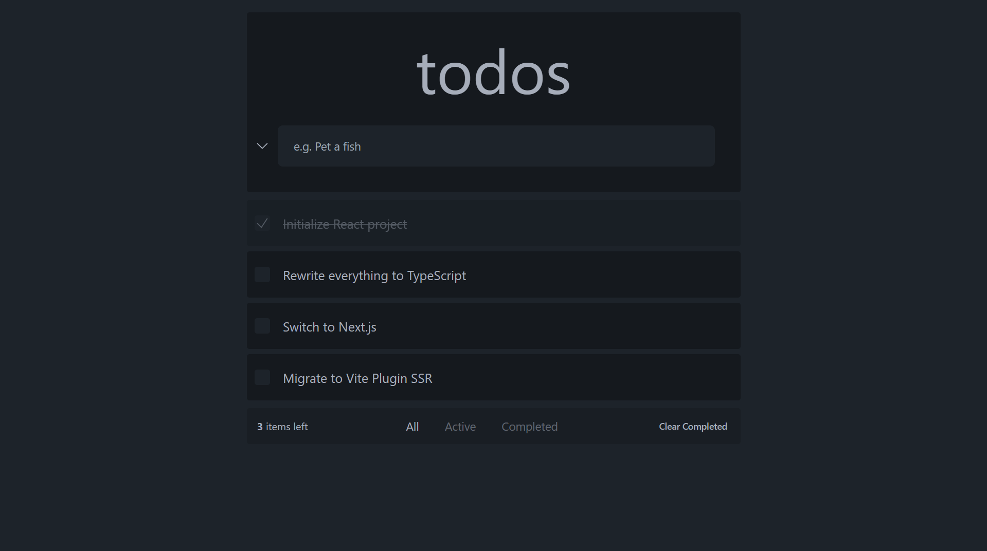 A screenshot of the TodoMVC app implemented with the framework