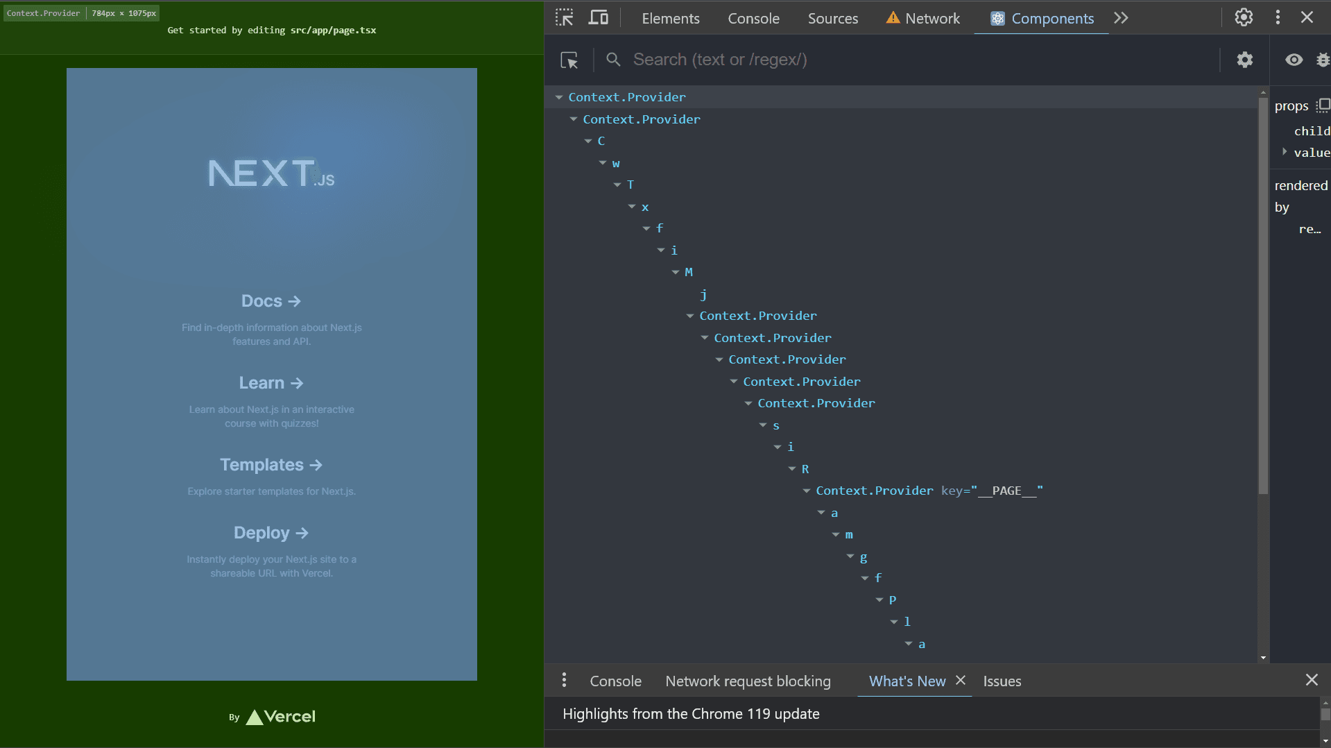 Screenshot of the `create-next-app` with React dev tools opened