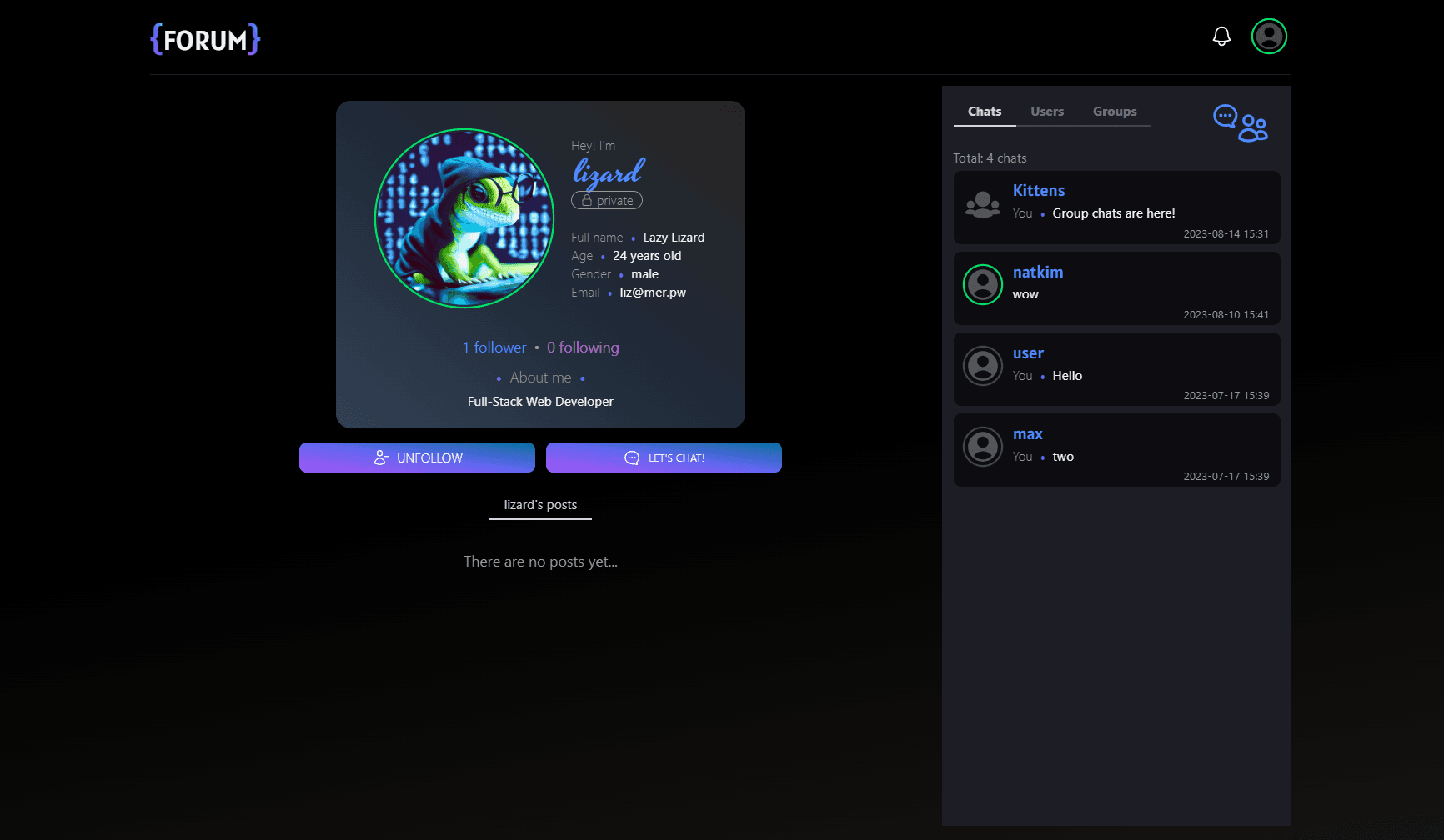 Screenshot of the profile page on forum